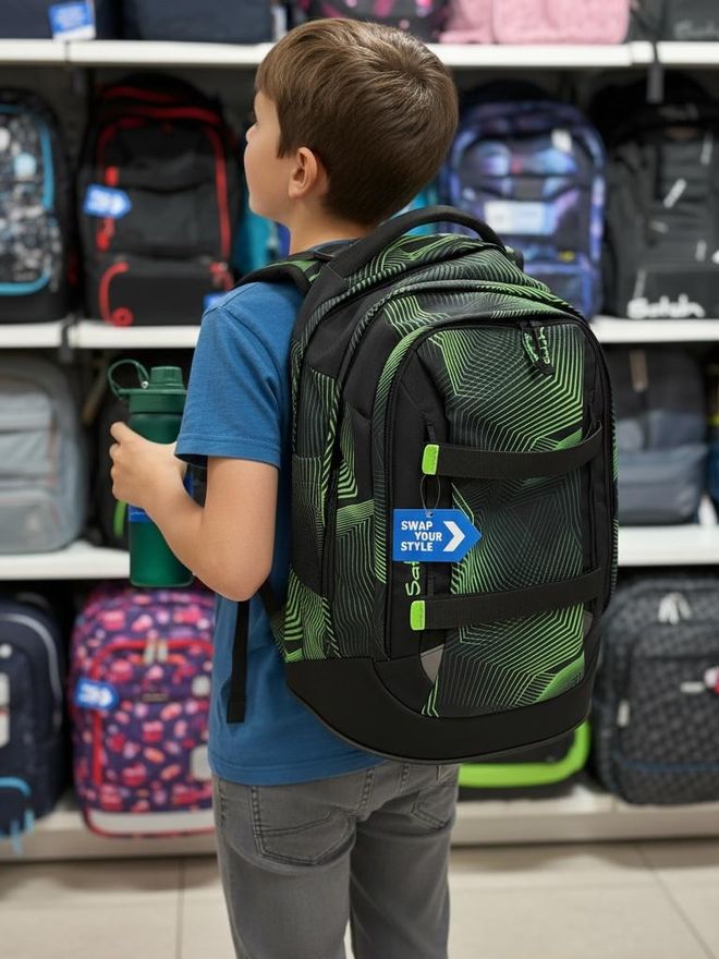Bub mit grün-schwarzem Satch Schulrucksack