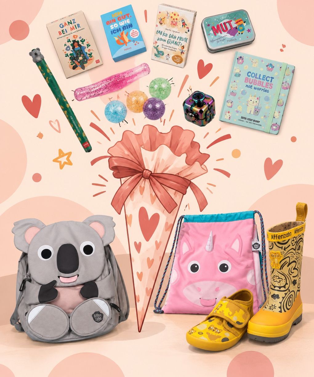 Schultüte mit Büchern, Rucksack, Turnbeutel und Hausschuhen