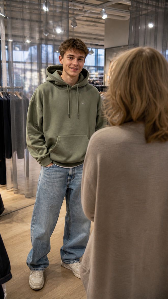Jugendlicher in grünem Hoodie und Jeans